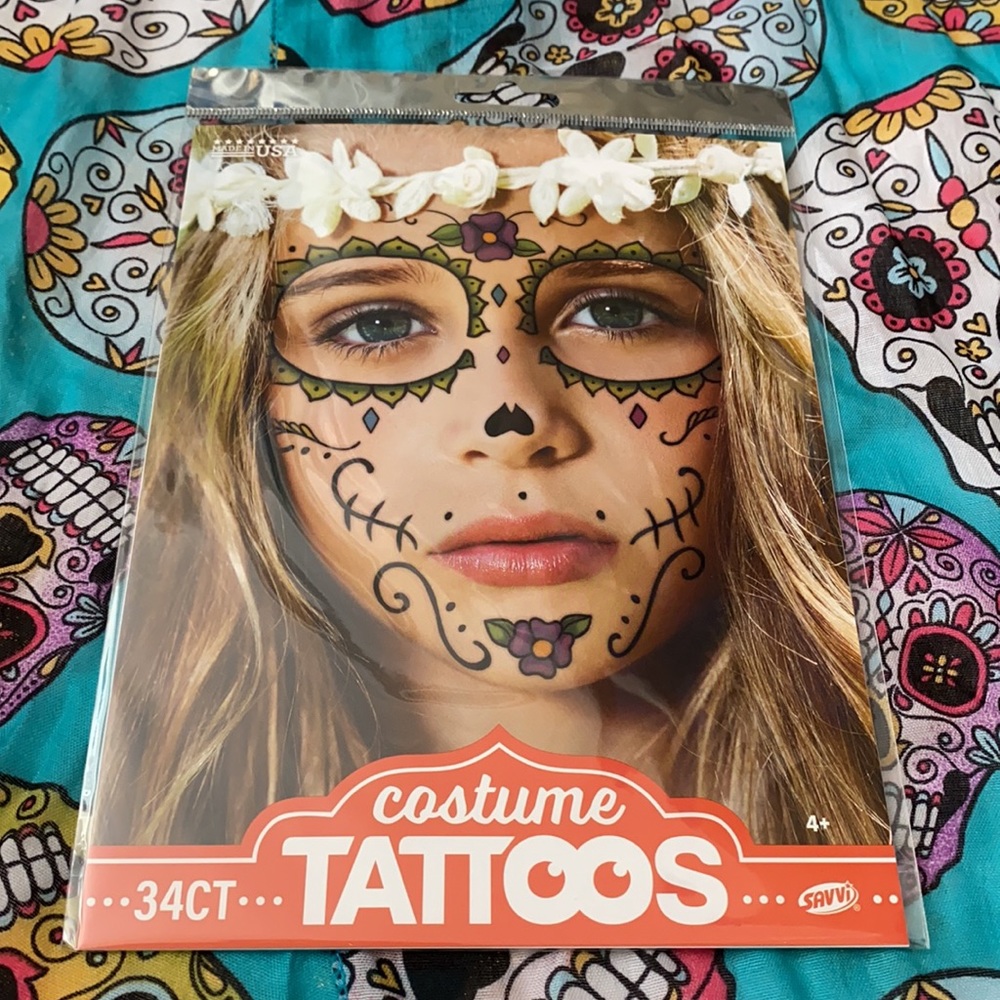 Día de los Muertos {Day of the Dead} Costume Face Tattoos 34 Count Made in USA - Picture 3 of 6